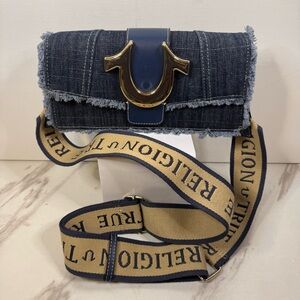 TRUE RELIGION Frayed Denim Crossbody Bag w/ 2” Logo Strap BLUE / 10” x 5” x 2.5”
